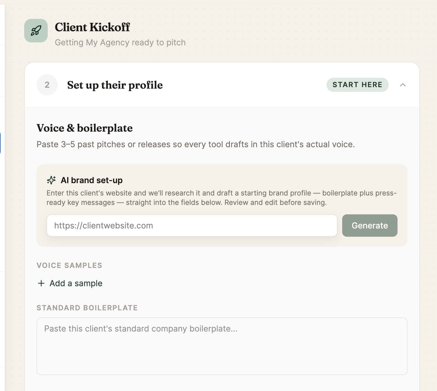 The Client Kickoff checklist's Set up their profile step, showing the AI brand set-up option, Voice samples, and Standard boilerplate fields