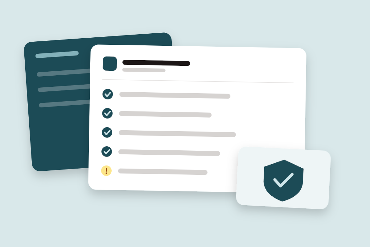 A checklist card with ticked items and one flagged item, beside a shield with a tick