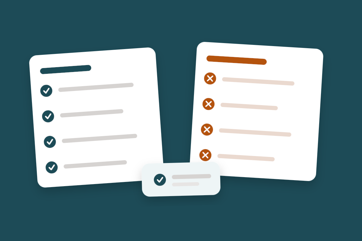 Two checklist cards, one with ticks and one with crosses