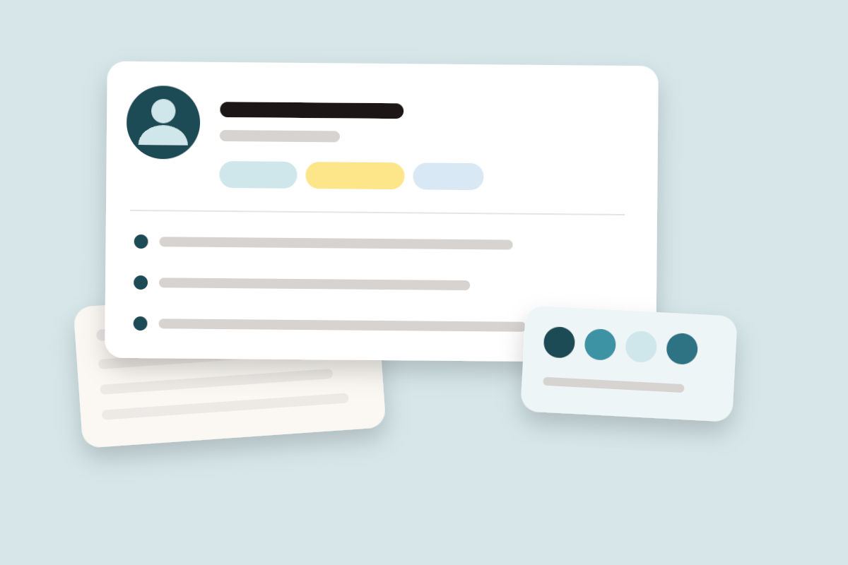 A client profile card with tags, key points and colour swatches