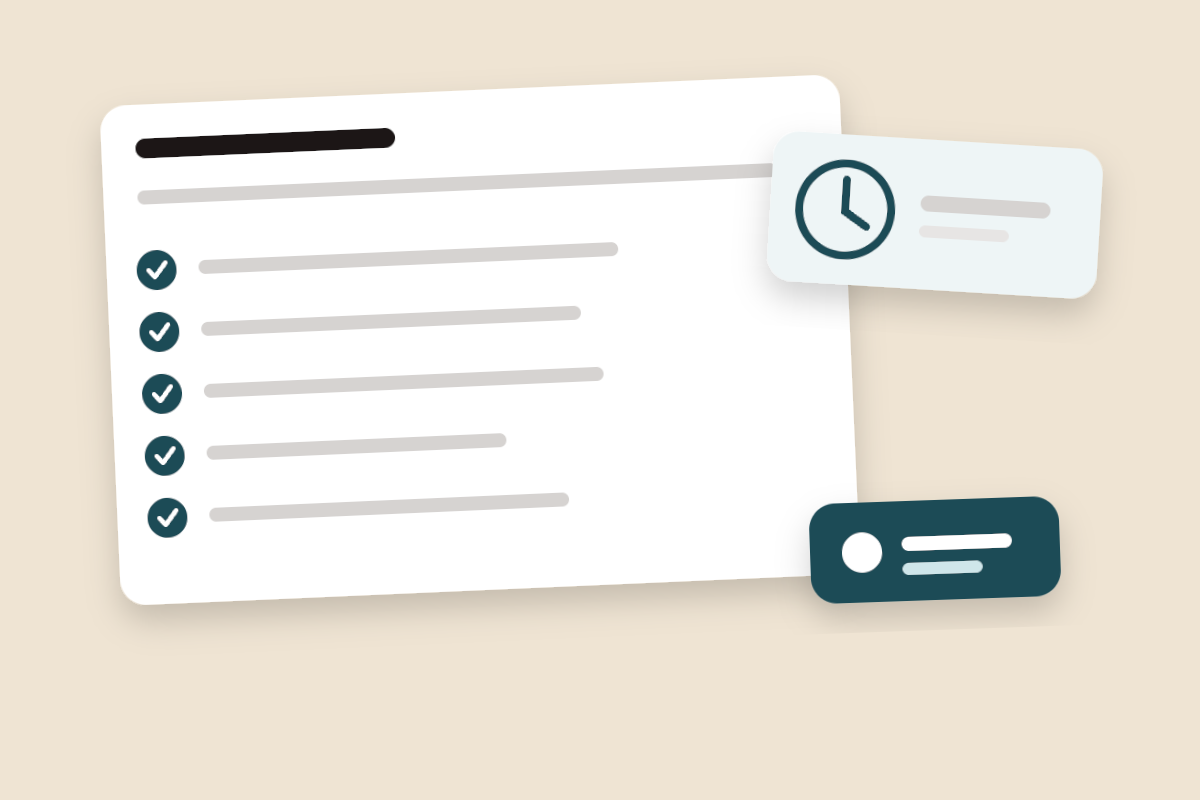 A holding statement card with five ticked elements and a clock