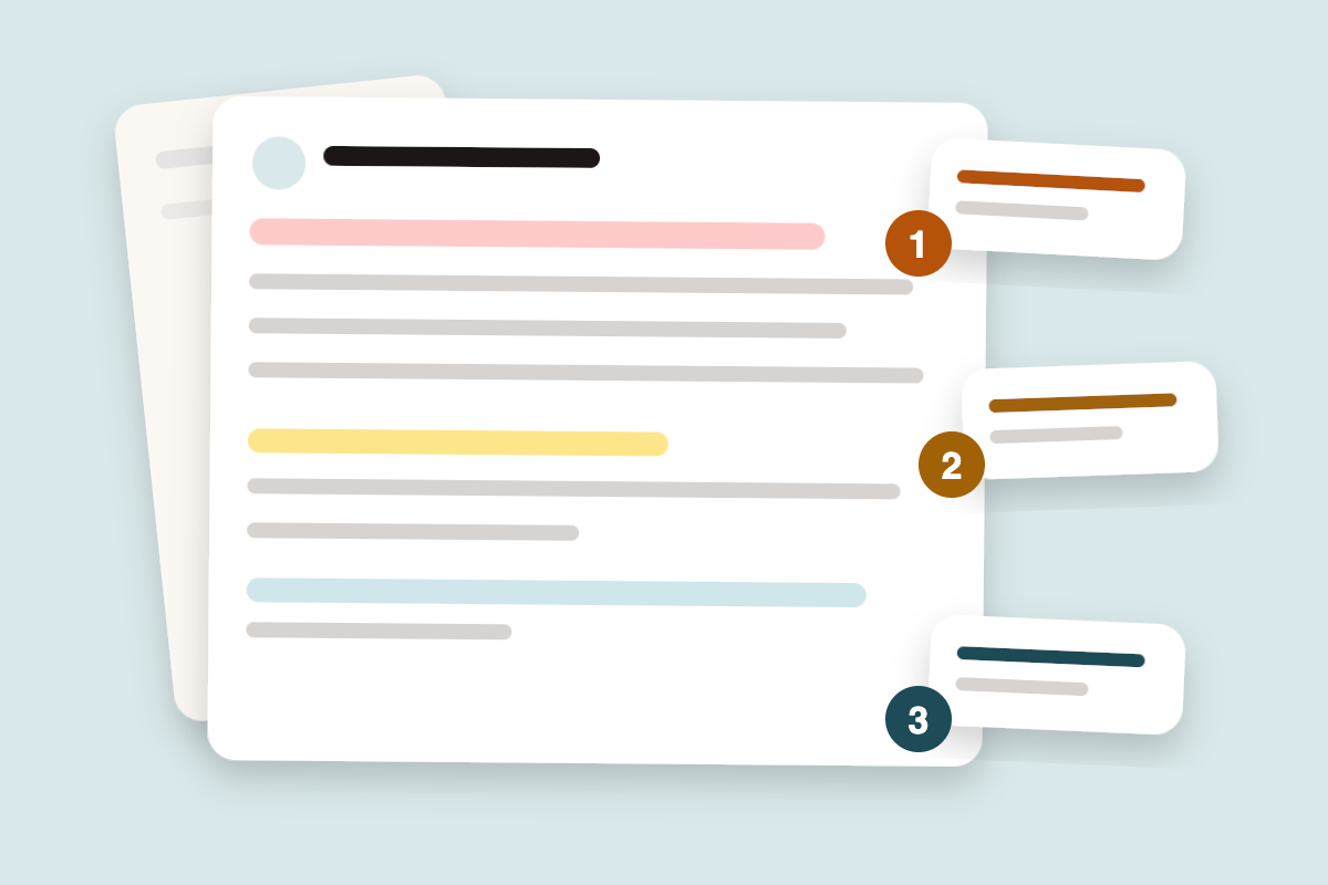 An email card with three numbered annotation notes