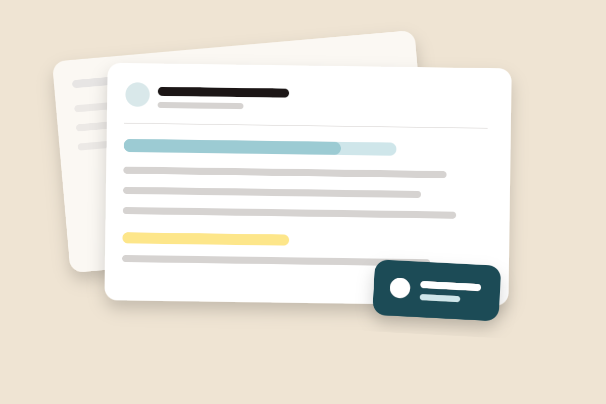 An email card with highlighted lines and a tick