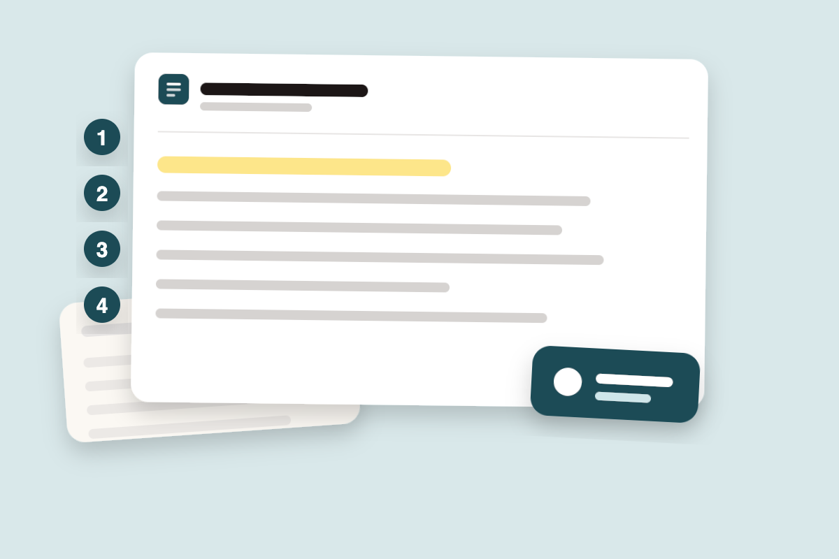 A pitch email card with numbered sections beside a template